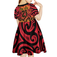 New Zealand Rangatira Custom Kid Short Sleeve Dress Red and Gold Niho Taniwha Maori Tribal LT9 - Polynesian Pride