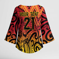 New Zealand Rangatira Custom Kimono Sleeve Blouse Red and Gold Niho Taniwha Maori Tribal LT9 - Polynesian Pride