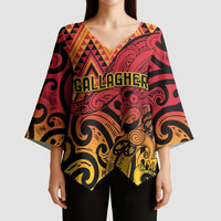 New Zealand Rangatira Custom Kimono Sleeve Blouse Red and Gold Niho Taniwha Maori Tribal LT9 - Polynesian Pride