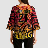 New Zealand Rangatira Custom Kimono Sleeve Blouse Red and Gold Niho Taniwha Maori Tribal LT9 - Polynesian Pride