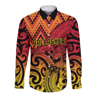 New Zealand Rangatira Custom Long Sleeve Button Shirt Red and Gold Niho Taniwha Maori Tribal LT9 Unisex Gold - Polynesian Pride