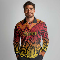 New Zealand Rangatira Custom Long Sleeve Polo Shirt Red and Gold Niho Taniwha Maori Tribal LT9 - Polynesian Pride