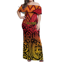New Zealand Rangatira Custom Off Shoulder Maxi Dress Red and Gold Niho Taniwha Maori Tribal LT9 Women Gold - Polynesian Pride
