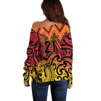 New Zealand Rangatira Custom Off Shoulder Sweater Red and Gold Niho Taniwha Maori Tribal LT9 - Polynesian Pride