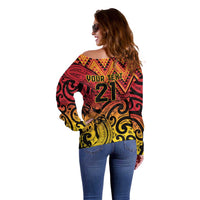 New Zealand Rangatira Custom Off Shoulder Sweater Red and Gold Niho Taniwha Maori Tribal LT9 - Polynesian Pride