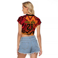 New Zealand Rangatira Custom Raglan Cropped T Shirt Red and Gold Niho Taniwha Maori Tribal LT9 - Polynesian Pride