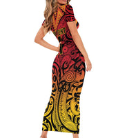 New Zealand Rangatira Custom Short Sleeve Bodycon Dress Red and Gold Niho Taniwha Maori Tribal LT9 - Polynesian Pride