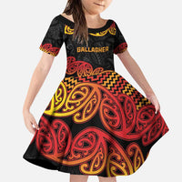 New Zealand Rugby Pacific Custom Family Matching Puletasi and Hawaiian Shirt Rangatira Maori Kowhaiwhai Pattern LT9 Daughter's Dress Gold - Polynesian Pride