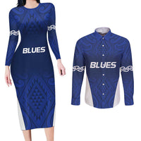 New Zealand Rugby Pacific Custom Couples Matching Long Sleeve Bodycon Dress and Long Sleeve Button Shirt Kahurangi Auckland All Blue