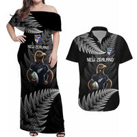 New Zealand Rugby Custom Couples Matching Off Shoulder Maxi Dress and Hawaiian Shirt Glory Be To Black Silver-fern LT9 Black - Polynesian Pride