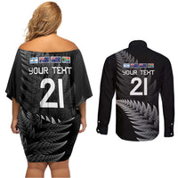 New Zealand Rugby Custom Couples Matching Off Shoulder Short Dress and Long Sleeve Button Shirt Glory Be To Black Silver-fern LT9 - Polynesian Pride