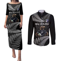 New Zealand Rugby Custom Couples Matching Puletasi and Long Sleeve Button Shirt Glory Be To Black Silver-fern LT9 Black - Polynesian Pride
