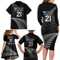 New Zealand Rugby Custom Family Matching Long Sleeve Bodycon Dress and Hawaiian Shirt Glory Be To Black Silver-fern LT9 - Polynesian Pride