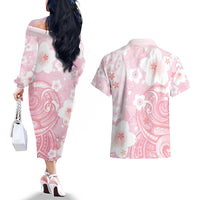 Japan Sakura Floral with Polynesian Vibe Couples Matching Off The Shoulder Long Sleeve Dress and Hawaiian Shirt LT9 - Polynesian Pride