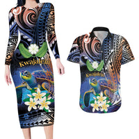 Marshall Islands Kwajalein Atoll Couples Matching Long Sleeve Bodycon Dress and Hawaiian Shirt Plumeria Sea Turtle with Polynesian Tribal LT9 Blue - Polynesian Pride