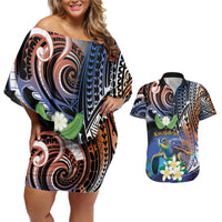 Marshall Islands Kwajalein Atoll Couples Matching Off Shoulder Short Dress and Hawaiian Shirt Plumeria Sea Turtle with Polynesian Tribal LT9 Blue - Polynesian Pride