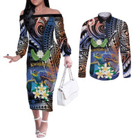 Marshall Islands Kwajalein Atoll Couples Matching Off The Shoulder Long Sleeve Dress and Long Sleeve Button Shirt Plumeria Sea Turtle with Polynesian Tribal LT9 Blue - Polynesian Pride