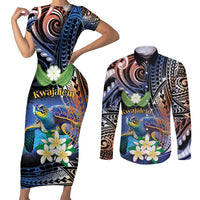 Marshall Islands Kwajalein Atoll Couples Matching Short Sleeve Bodycon Dress and Long Sleeve Button Shirt Plumeria Sea Turtle with Polynesian Tribal LT9 Blue - Polynesian Pride