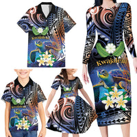 Marshall Islands Kwajalein Atoll Family Matching Long Sleeve Bodycon Dress and Hawaiian Shirt Plumeria Sea Turtle with Polynesian Tribal LT9 - Polynesian Pride