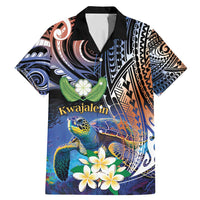 Marshall Islands Kwajalein Atoll Family Matching Mermaid Dress and Hawaiian Shirt Plumeria Sea Turtle with Polynesian Tribal LT9 Dad's Shirt - Short Sleeve Blue - Polynesian Pride