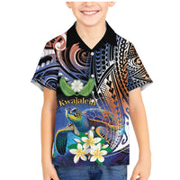 Marshall Islands Kwajalein Atoll Family Matching Mermaid Dress and Hawaiian Shirt Plumeria Sea Turtle with Polynesian Tribal LT9 Son's Shirt Blue - Polynesian Pride