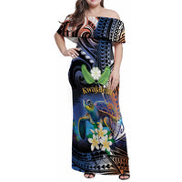 Marshall Islands Kwajalein Atoll Family Matching Off Shoulder Maxi Dress and Hawaiian Shirt Plumeria Sea Turtle with Polynesian Tribal LT9 Mom's Dress Blue - Polynesian Pride