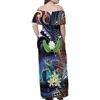 Marshall Islands Kwajalein Atoll Family Matching Off Shoulder Maxi Dress and Hawaiian Shirt Plumeria Sea Turtle with Polynesian Tribal LT9 - Polynesian Pride