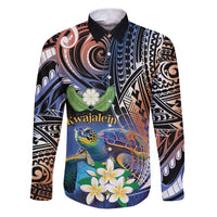 Marshall Islands Kwajalein Atoll Family Matching Puletasi and Hawaiian Shirt Plumeria Sea Turtle with Polynesian Tribal LT9 Dad's Shirt - Long Sleeve Blue - Polynesian Pride
