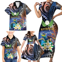 Marshall Islands Kwajalein Atoll Family Matching Short Sleeve Bodycon Dress and Hawaiian Shirt Plumeria Sea Turtle with Polynesian Tribal LT9 - Polynesian Pride