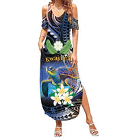 Marshall Islands Kwajalein Atoll Family Matching Summer Maxi Dress and Hawaiian Shirt Plumeria Sea Turtle with Polynesian Tribal LT9 Mom's Dress Blue - Polynesian Pride
