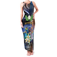 Marshall Islands Kwajalein Atoll Family Matching Tank Maxi Dress and Hawaiian Shirt Plumeria Sea Turtle with Polynesian Tribal LT9 Mom's Dress Blue - Polynesian Pride