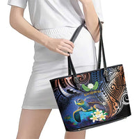 Marshall Islands Kwajalein Atoll Leather Tote Bag Plumeria Sea Turtle with Polynesian Tribal LT9 - Polynesian Pride