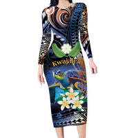 Marshall Islands Kwajalein Atoll Long Sleeve Bodycon Dress Plumeria Sea Turtle with Polynesian Tribal LT9 Long Dress Blue - Polynesian Pride