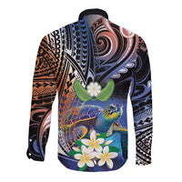Marshall Islands Kwajalein Atoll Long Sleeve Button Shirt Plumeria Sea Turtle with Polynesian Tribal LT9 - Polynesian Pride