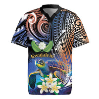 Marshall Islands Kwajalein Atoll Rugby Jersey Plumeria Sea Turtle with Polynesian Tribal LT9 Blue - Polynesian Pride