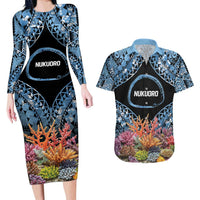 Personalised Nukuoro Micronesia Atoll Couples Matching Long Sleeve Bodycon Dress and Hawaiian Shirt with Pacific Coral Reef LT9 Blue - Polynesian Pride