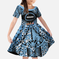 Personalised Nukuoro Micronesia Atoll Family Matching Off The Shoulder Long Sleeve Dress and Hawaiian Shirt with Pacific Coral Reef LT9 Daughter's Dress Blue - Polynesian Pride