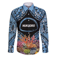 Personalised Nukuoro Micronesia Atoll Family Matching Off Shoulder Short Dress and Hawaiian Shirt with Pacific Coral Reef LT9 Dad's Shirt - Long Sleeve Blue - Polynesian Pride