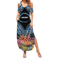 Personalised Nukuoro Micronesia Atoll Family Matching Summer Maxi Dress and Hawaiian Shirt with Pacific Coral Reef LT9 Mom's Dress Blue - Polynesian Pride