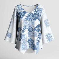Vintage Hawaii Kimono Sleeve Blouse Hibiscus Tapa Tribal With Hawaiian Quilt Pattern Blue - Polynesian Pride