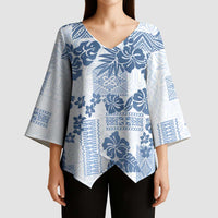 Vintage Hawaii Kimono Sleeve Blouse Hibiscus Tapa Tribal With Hawaiian Quilt Pattern Blue - Polynesian Pride
