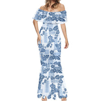 Vintage Hawaii Mermaid Dress Hibiscus Tapa Tribal With Hawaiian Quilt Pattern Blue LT9 - Polynesian Pride