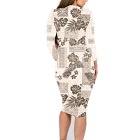 Vintage Hawaii Family Matching Long Sleeve Bodycon Dress and Hawaiian Shirt Hibiscus Tapa Tribal With Hawaiian Quilt Pattern Gold LT9 - Polynesian Pride