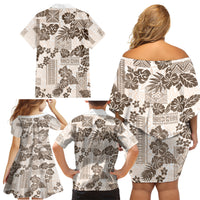 Vintage Hawaii Family Matching Off Shoulder Short Dress and Hawaiian Shirt Hibiscus Tapa Tribal With Hawaiian Quilt Pattern Gold LT9 - Polynesian Pride