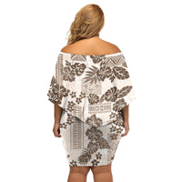 Vintage Hawaii Family Matching Off Shoulder Short Dress and Hawaiian Shirt Hibiscus Tapa Tribal With Hawaiian Quilt Pattern Gold LT9 - Polynesian Pride