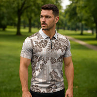 Vintage Hawaii Zipper Polo Shirt Hibiscus Tapa Tribal With Hawaiian Quilt Pattern Gold LT9 - Polynesian Pride