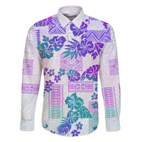 Vintage Hawaii Family Matching Off Shoulder Long Sleeve Dress and Hawaiian Shirt Hibiscus Tapa Tribal With Hawaiian Quilt Pattern Purple LT9 Dad's Shirt - Long Sleeve Purple - Polynesian Pride