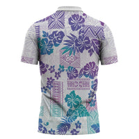 Vintage Hawaii Zipper Polo Shirt Hibiscus Tapa Tribal With Hawaiian Quilt Pattern Purple LT9 - Polynesian Pride