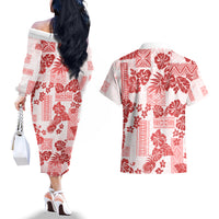 Vintage Hawaii Couples Matching Off The Shoulder Long Sleeve Dress and Hawaiian Shirt Hibiscus Tapa Tribal With Hawaiian Quilt Pattern Red LT9 - Polynesian Pride