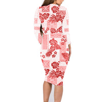 Vintage Hawaii Family Matching Long Sleeve Bodycon Dress and Hawaiian Shirt Hibiscus Tapa Tribal With Hawaiian Quilt Pattern Red LT9 - Polynesian Pride